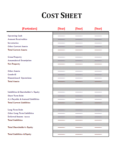 Cost Sheet Template Free Sheet Templates