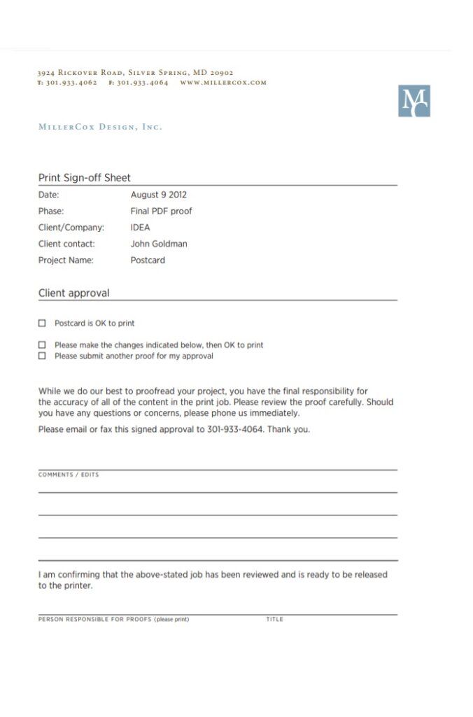 Sign off Proof Sheet Template