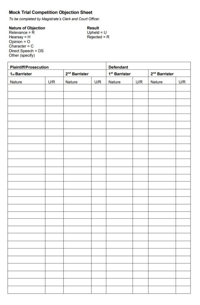 Trail Competition Objection Sheet Template